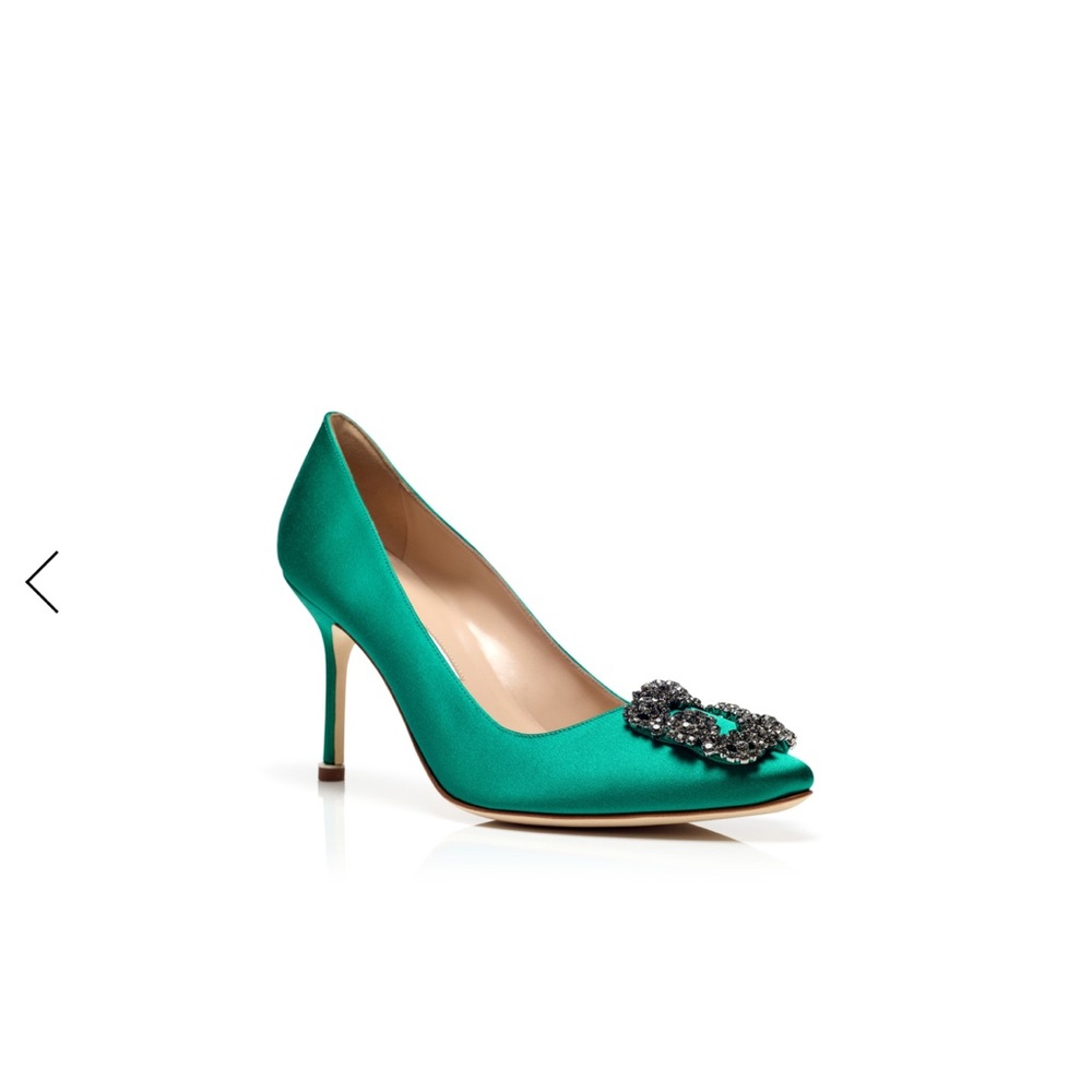 Manolo Blahnik Hangisi 90 Elegant Green Satin Pumps